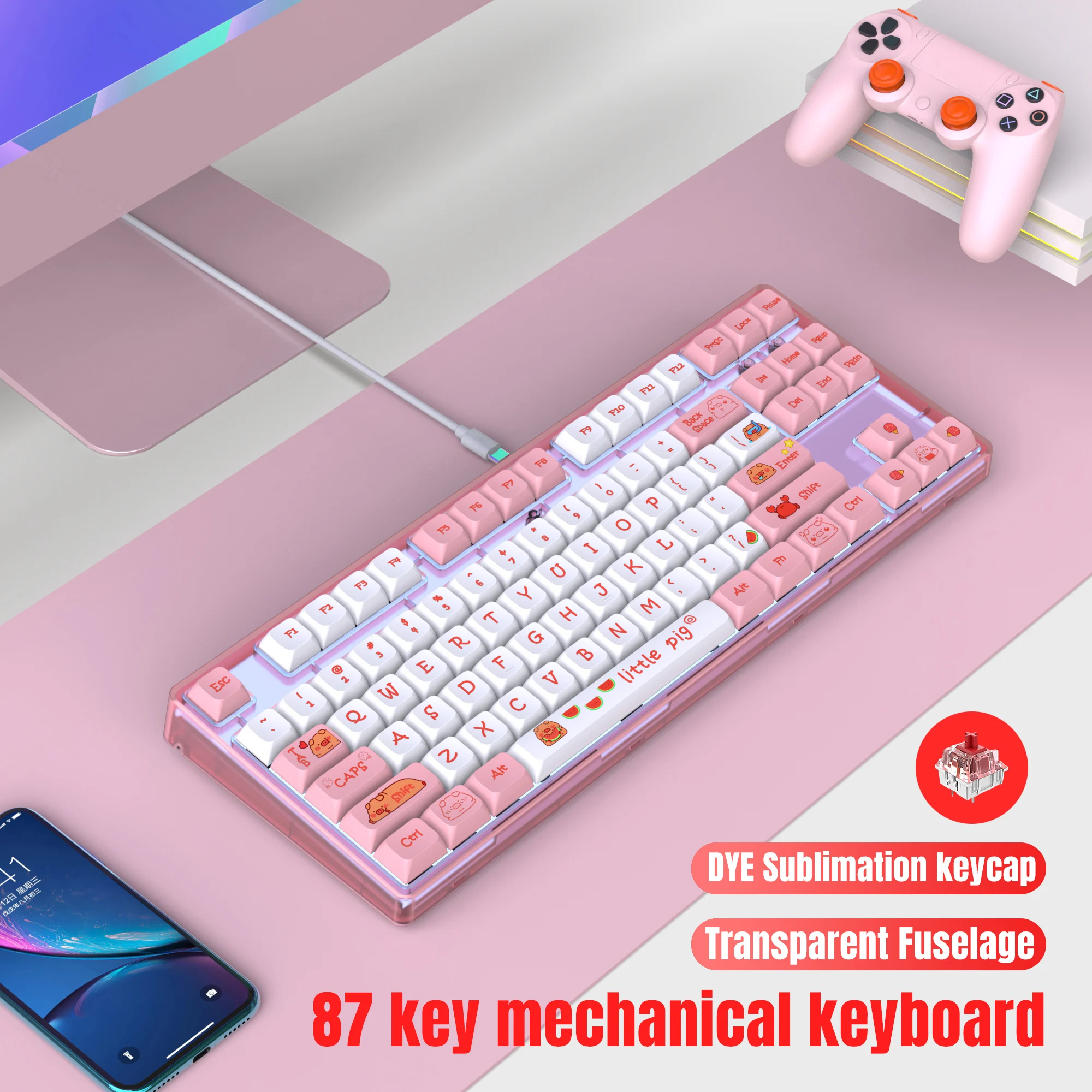 87 Keys Wired Mechanical Keyboard Cute Kawaii Cartoon Sublimation PBT Keycap Backlight Game Keyboard for Laptops Desktop