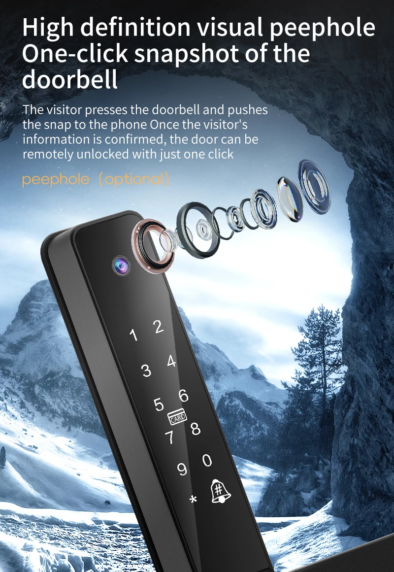 TYSH Tuya WiFi smart lock, IP68 esterno impermeabile, cat eye visivo, sblocco remoto WiFi, blocco impronte digitali, blocco password