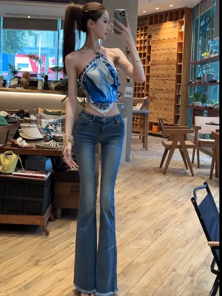 

Low-Waist Seamless Flared Denim Jeans American Hot Girl Booty Enhancing Korean Style Slimming Deep Blue Long Pants Casual Cot...