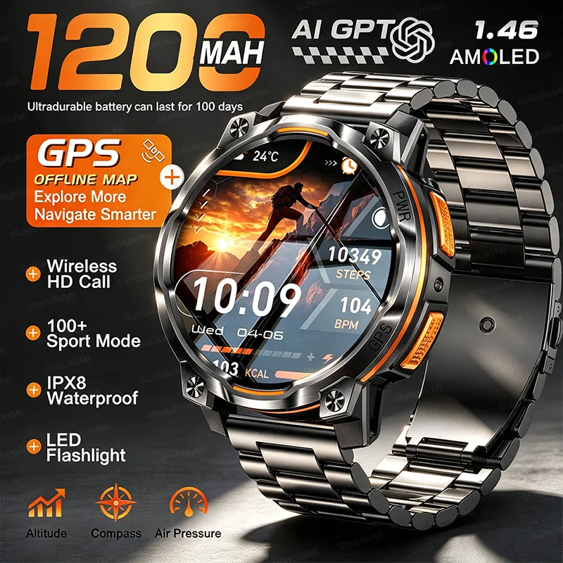 2026 Military GPS 1200mAh Battery Smart Watch Built-in Upgrade Offline Map Tactics LED Flashlight IPX8 Waterproof HD Call Watch