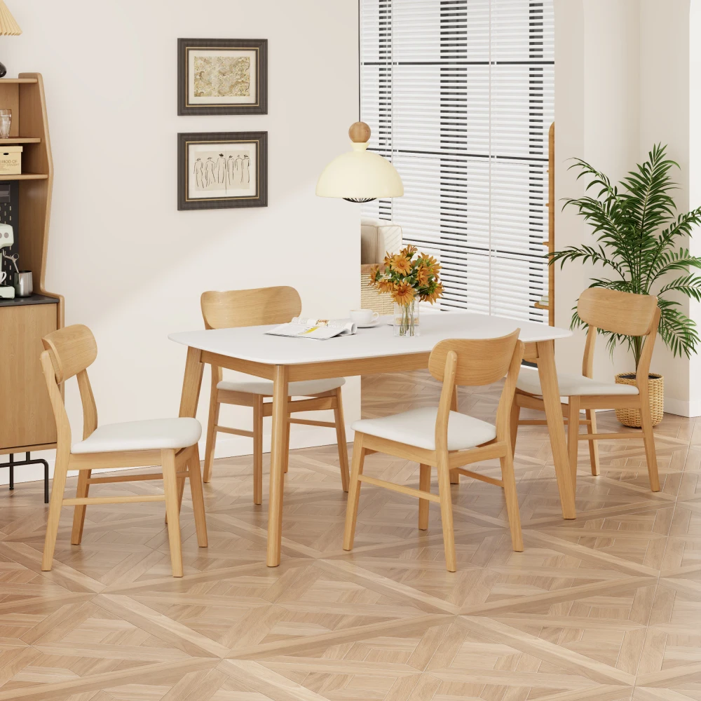 

[Video]5-Piece Dining Set:Solid Wood Table+4 Upholstered Chairs,White Oak+Beige(SKU:N759S925907K)