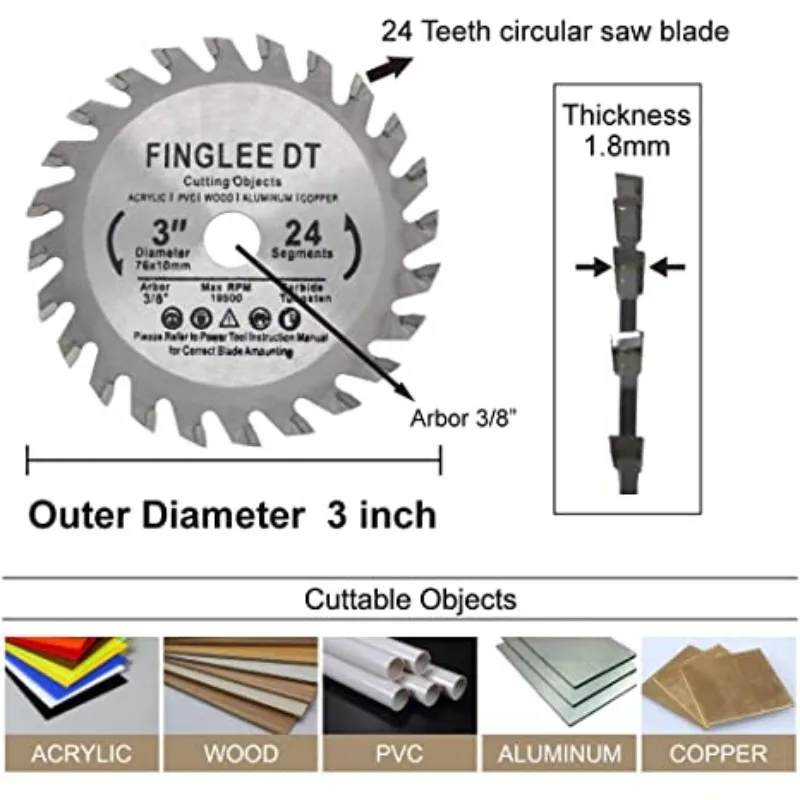 FINGLEE DT 3 Inch Circular Saw Blade,24 Segments TCT Cutting Disc for Wood Plastic Composite Objects 76mm