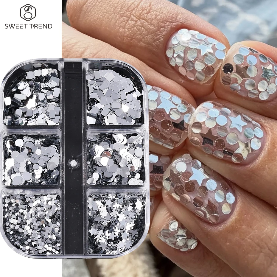 6 Grids Silver Mixed Nail Sequins Star Square Round Dot Sparkly Nail Glitter Flakes 3D Nail Art Decor DIY Manicure Accessories