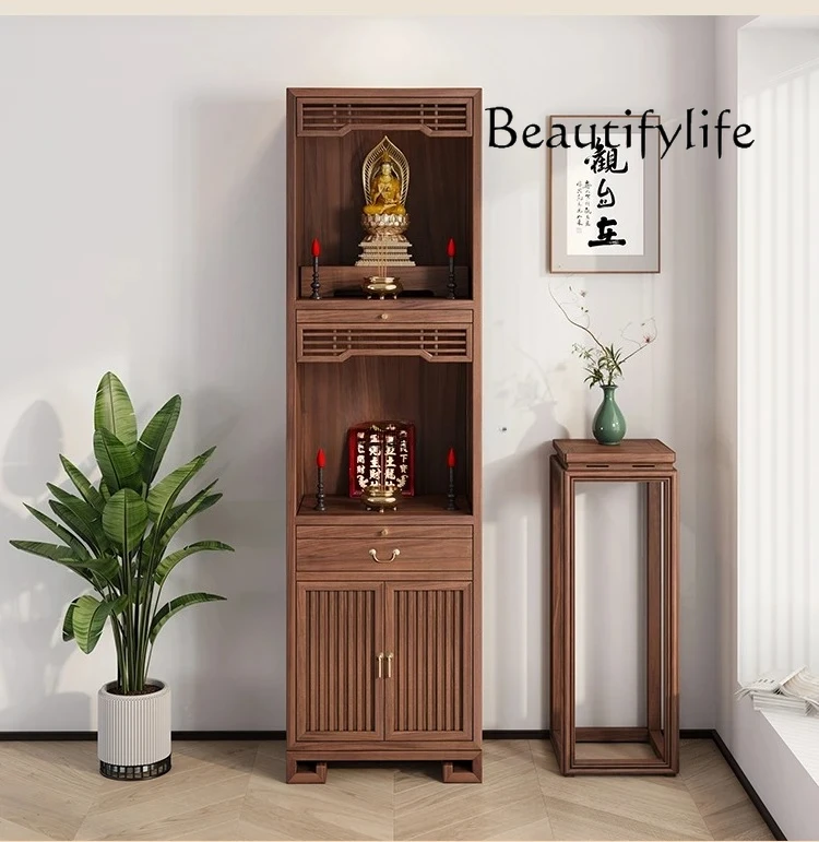 New Chinese-style solid wood double-layer Buddhist shrine for home use, simple black walnut