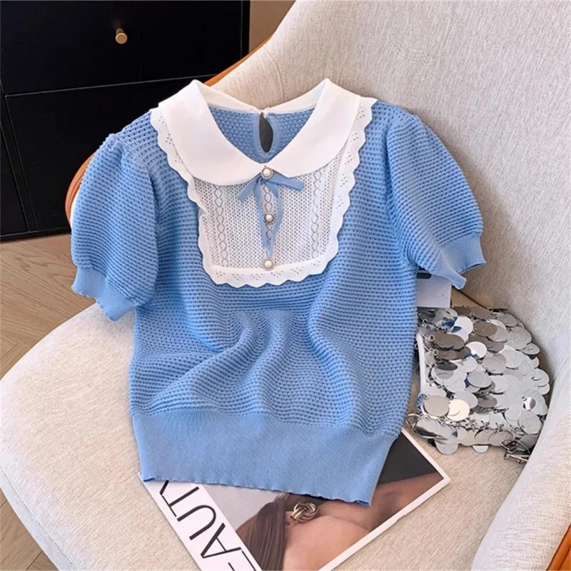 

Летний винтажный пуловер с милым бантом и воротником «Питер Пэн», трикотажные топы, футболки, французский свитер с короткими рукавами, женская вязаная футболка с вырезами