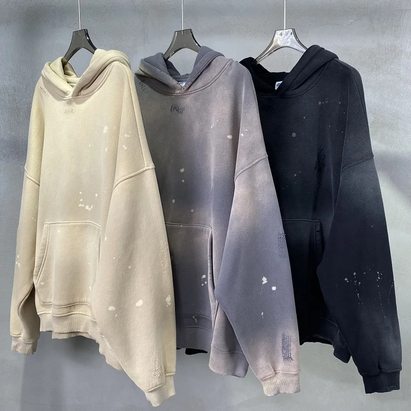 Street Wear gesprenkelte Tinte gerieben Kapuzen pullover mit Kapuze Mode Sinn Distressed Wintermantel Herren und Damen Baggy Wasch kleidung – Detail 5