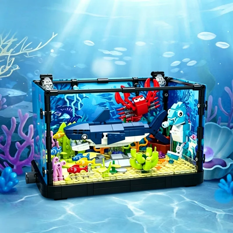 

2026 Underwater World Building Blocks Aquarium Shark Crab Scene Adult Assembly Desktop Decor