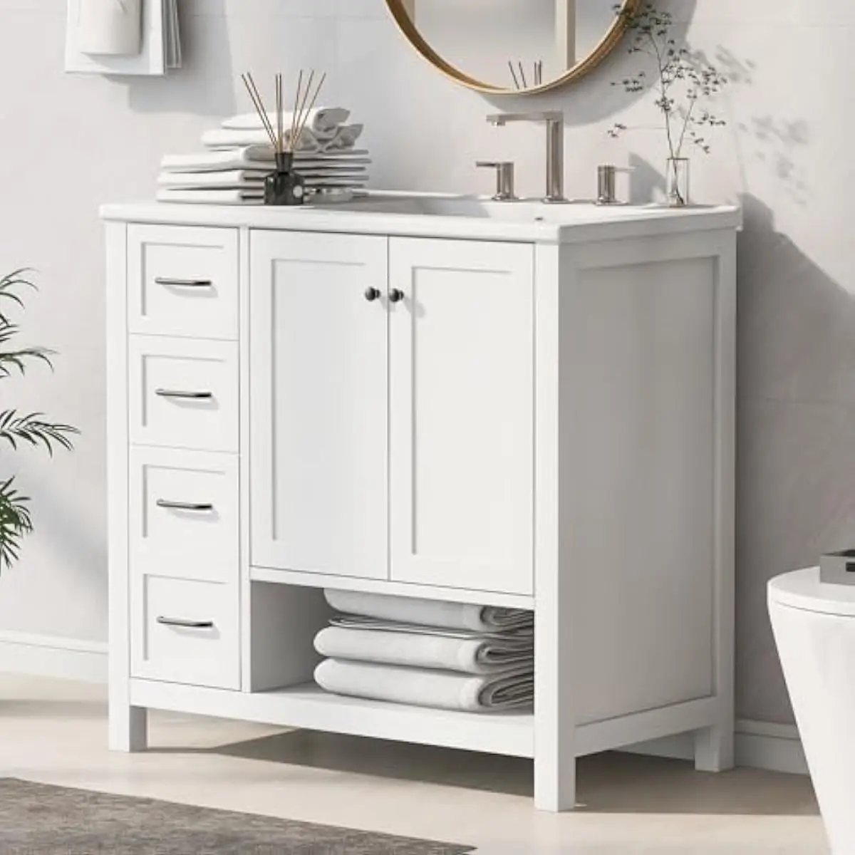 36 Inch Freestanding Bathroom Vanity with Right-Sided Ceramic Basin Smooth Glossy Overflow Design Two Doors One Open Shelf Two D