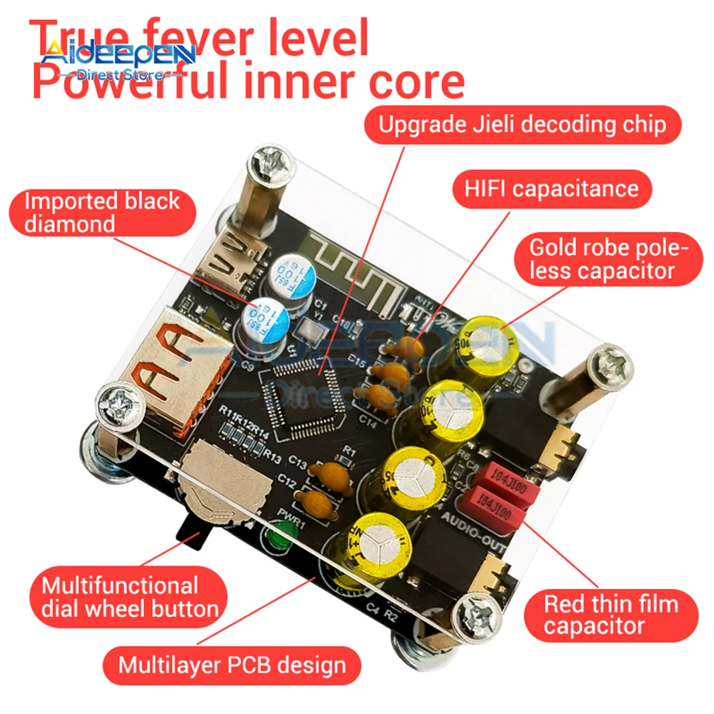 เครื่องรับสัญญาณเสียง DC 5V Hifi5.1 ZK-PT2 Lossless Fever, บอร์ดถอดรหัสบลูทูธเครื่องเล่นสัญญาณเสียงพร้อมเสาอากาศ TYPE-C USB