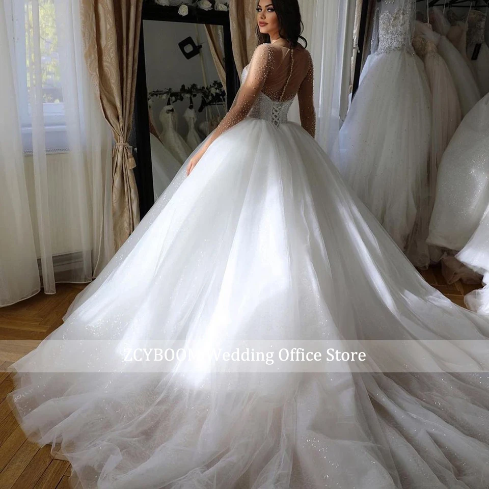 Customized Elegant Sparkle Beading Ball Gown Wedding Dress 2024 Sheer Neck Long Sleeves Princess Bridal Gowns Vestido De Noiva