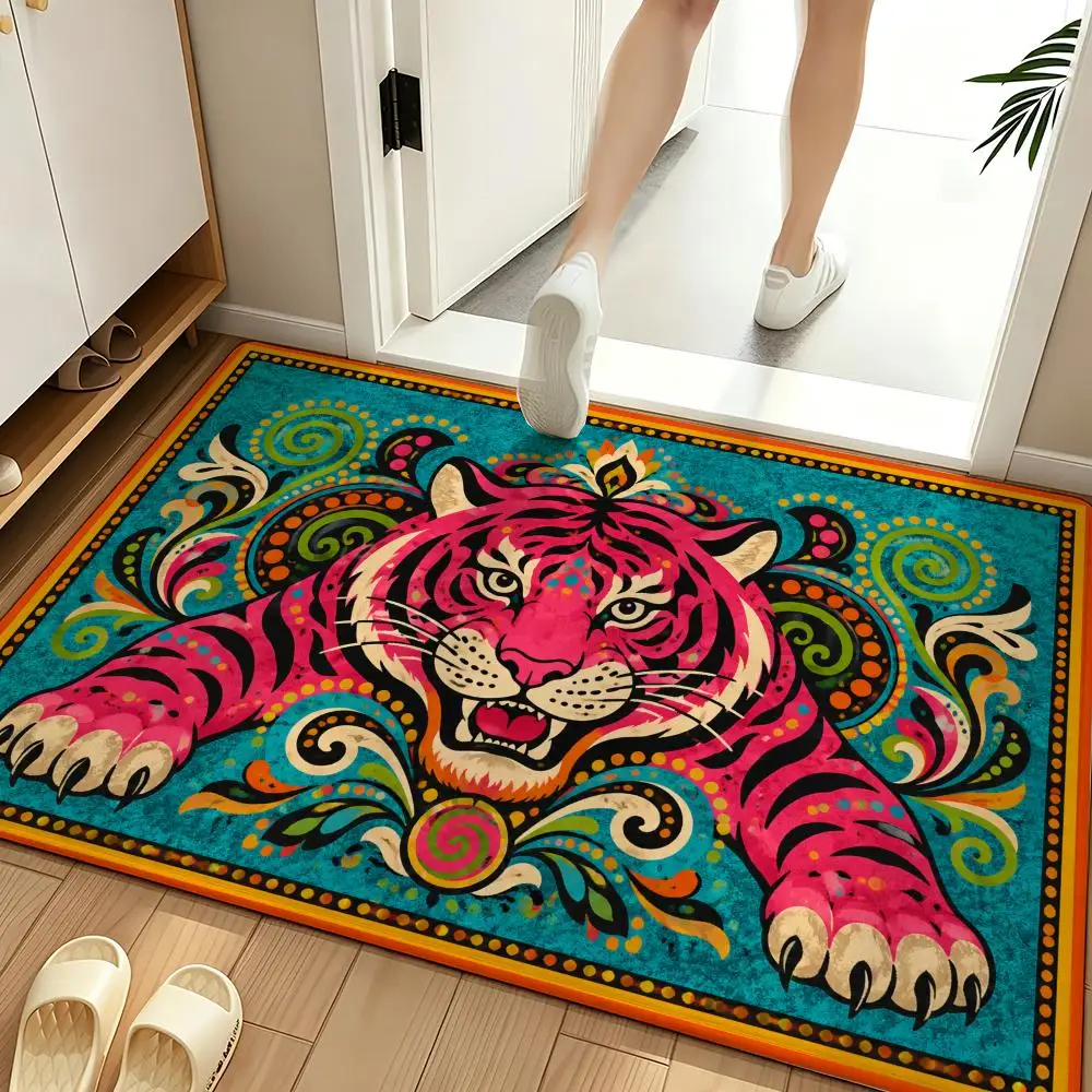 Retro Folk Tiger Floral Totem Boho Illustration Floor Mat Soft Flannel Non Slip Absorbent Entryway Bathroom Bedroom Garage