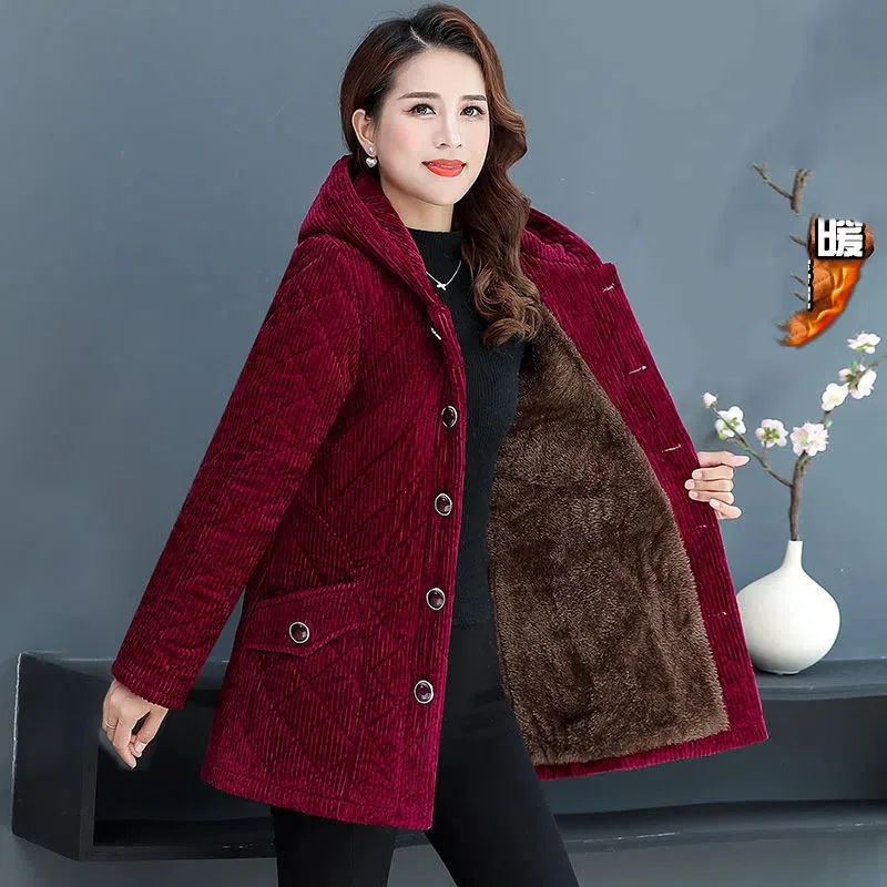 Women Corduroy Jackets 2024 New Autumn Winter Solid Loose Outwaer Female Casual Middle-aged Thicken Warm Hooded Female Overcoats