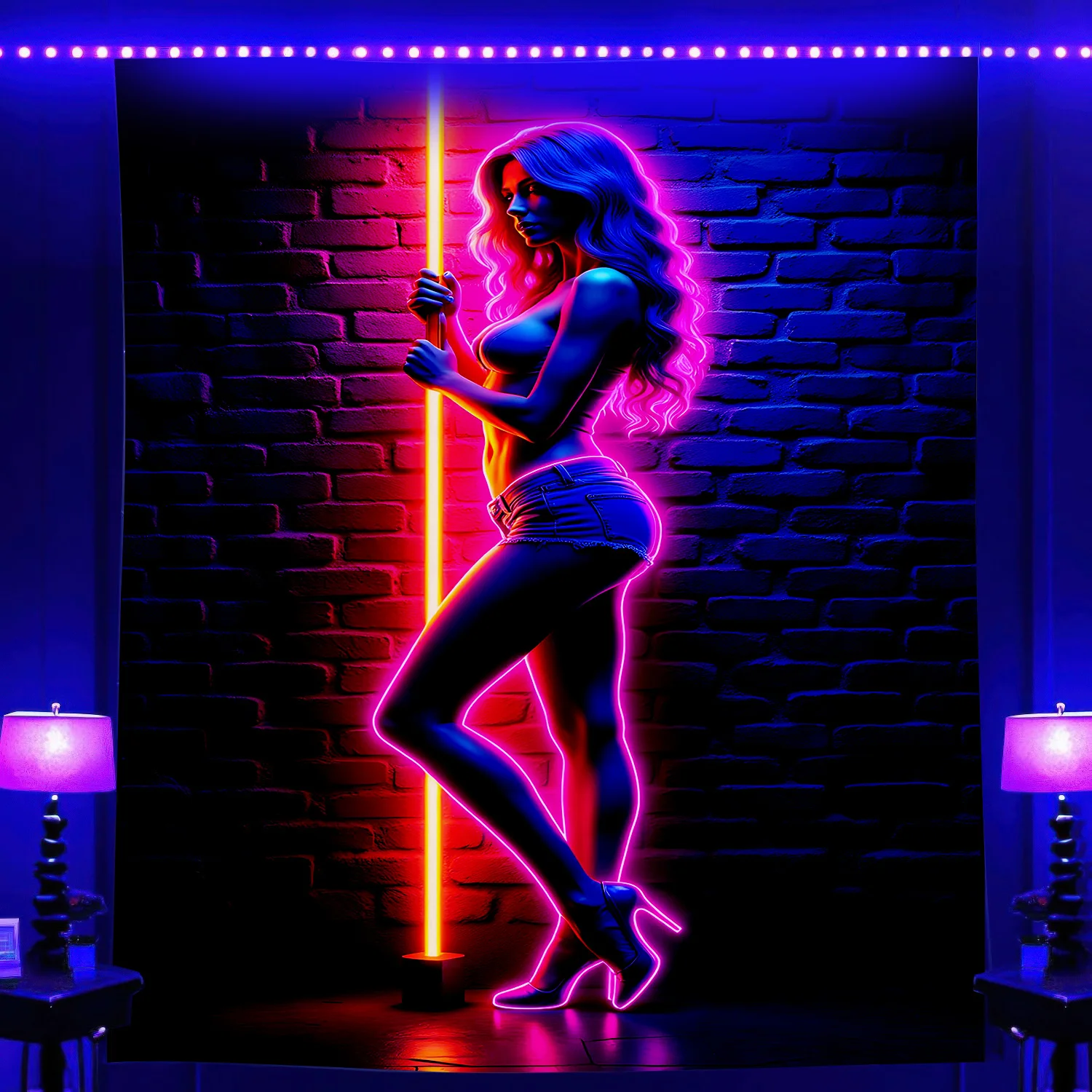 Neon pole dancer glowing in vibrant purple and pink lights against brick wall digital art fantasy woman dance performance