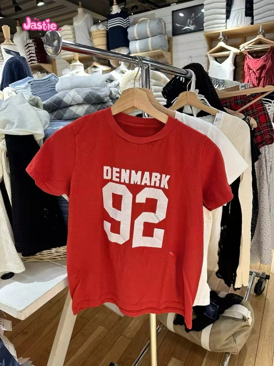 DENMARK 92 Letter Print Red Fashion Women T-shirts New Round Neck Short Sleeve Summer Tees Hot Girl Slim Y2K Streetwear Tops