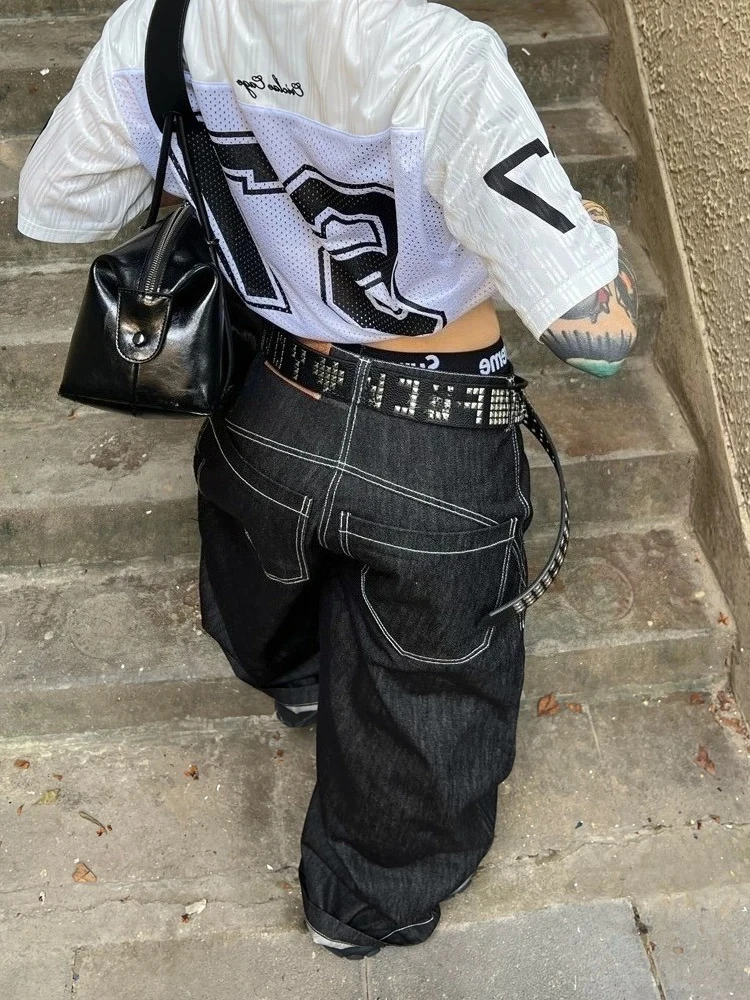 Deeptown Y2k Black Metal Buckle Design Women Jeans Washed Oversized Wide Leg American Vintage Denim Pants Hip Hop Streetwear