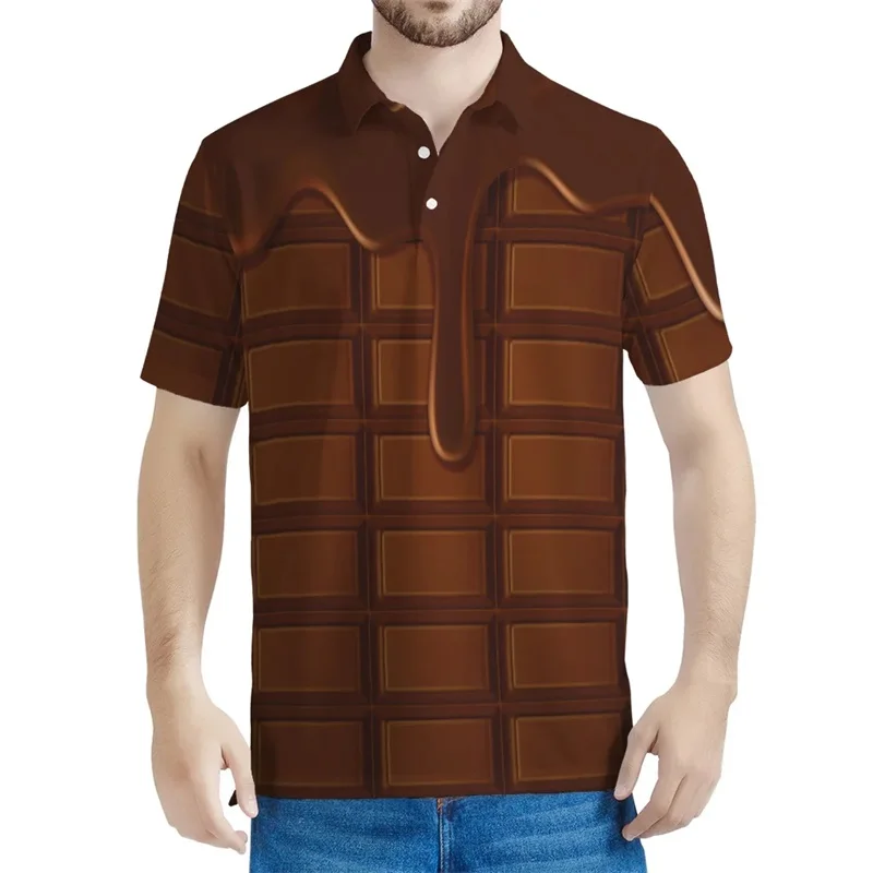 

3D Print Funny Chocolate Graphic Polo Shirt For Men Short Sleeve Large Size Button Tee Shirts Clothes Mens Polo Shirts Tops