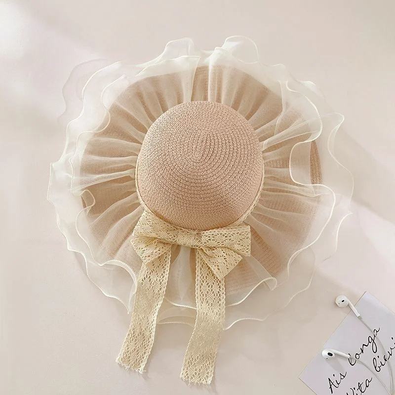 새로운 프랑스어 레이스 보우 밀짚 모자 여성 여름 바이저 태양 모자 해변 해변 휴가 태양 모자 Sombrero Playa Mujer