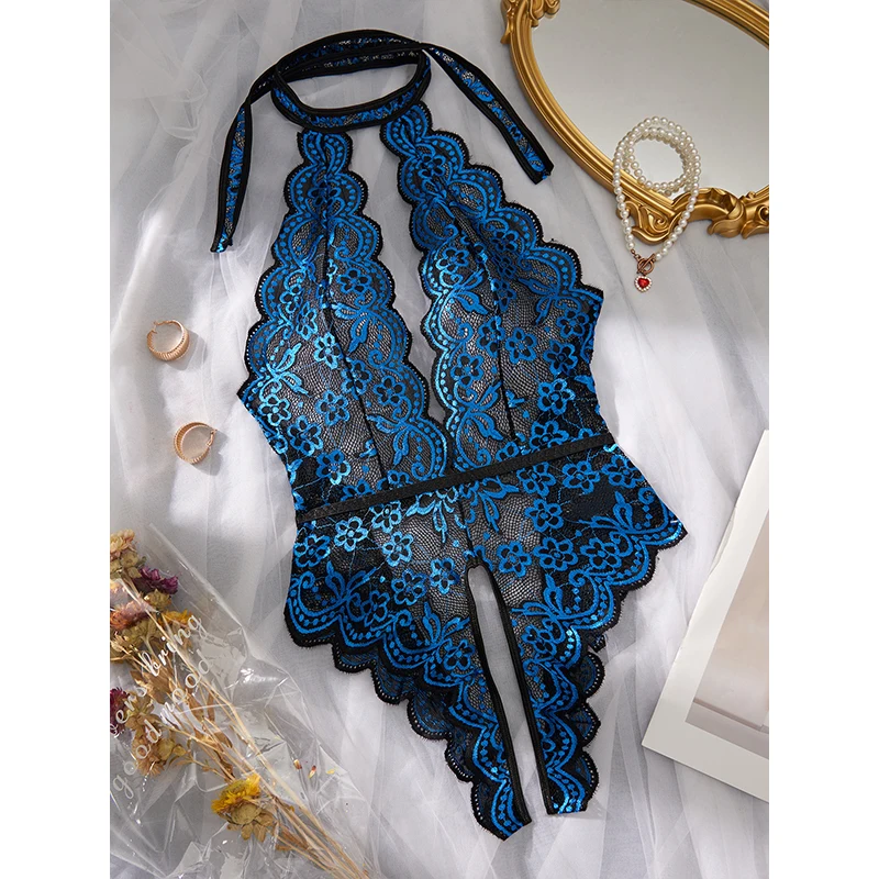 Sexy Women\'s Seductive Lingerie Sheer Lace Full Body Deep V Backless Open Crotch Exotic Clothing Fantasy Doll Outfit Bodysuit