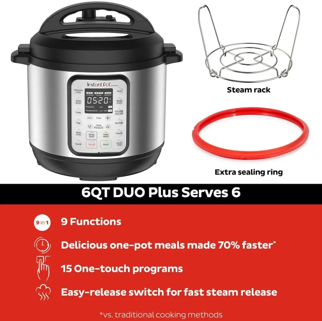 Duo Plus 9-in-1 قدر الضغط الكهربائي، طباخ بطيء، جهاز طهي الأرز بالبخار، Sauté، صانع الزبادي، سخان ومعقم