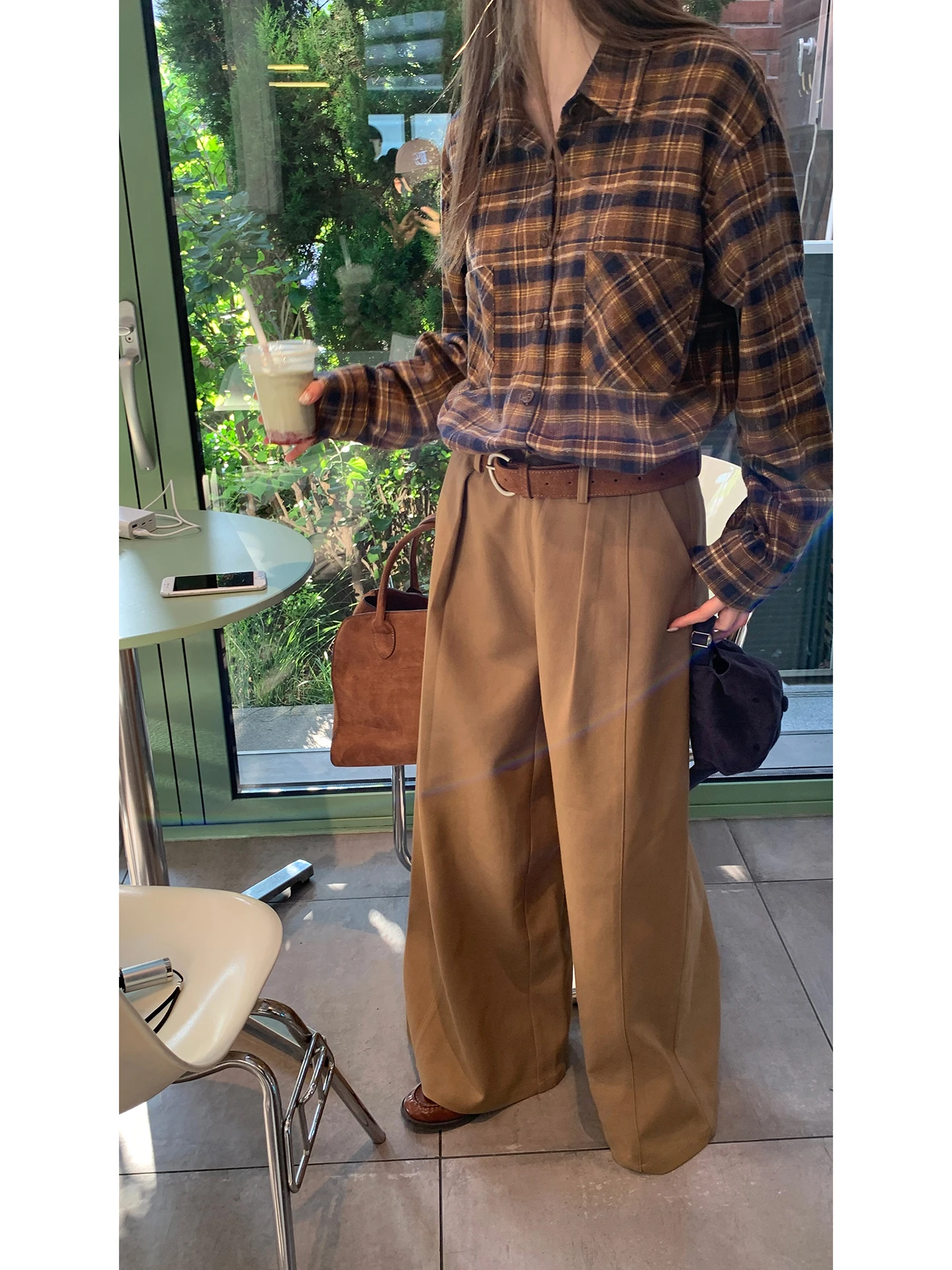 

G Sle Chic Plaid Loose Women's irt Coffee Lazy Sle Autumn High Sensation Collar Long Sve Polyester Cotton Blend