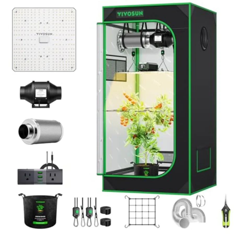 Grow Tent Kit for indoor gardening: aluminum mylar interior, black exterior, WiFi-controlled full-spectrum LED light and auto v
