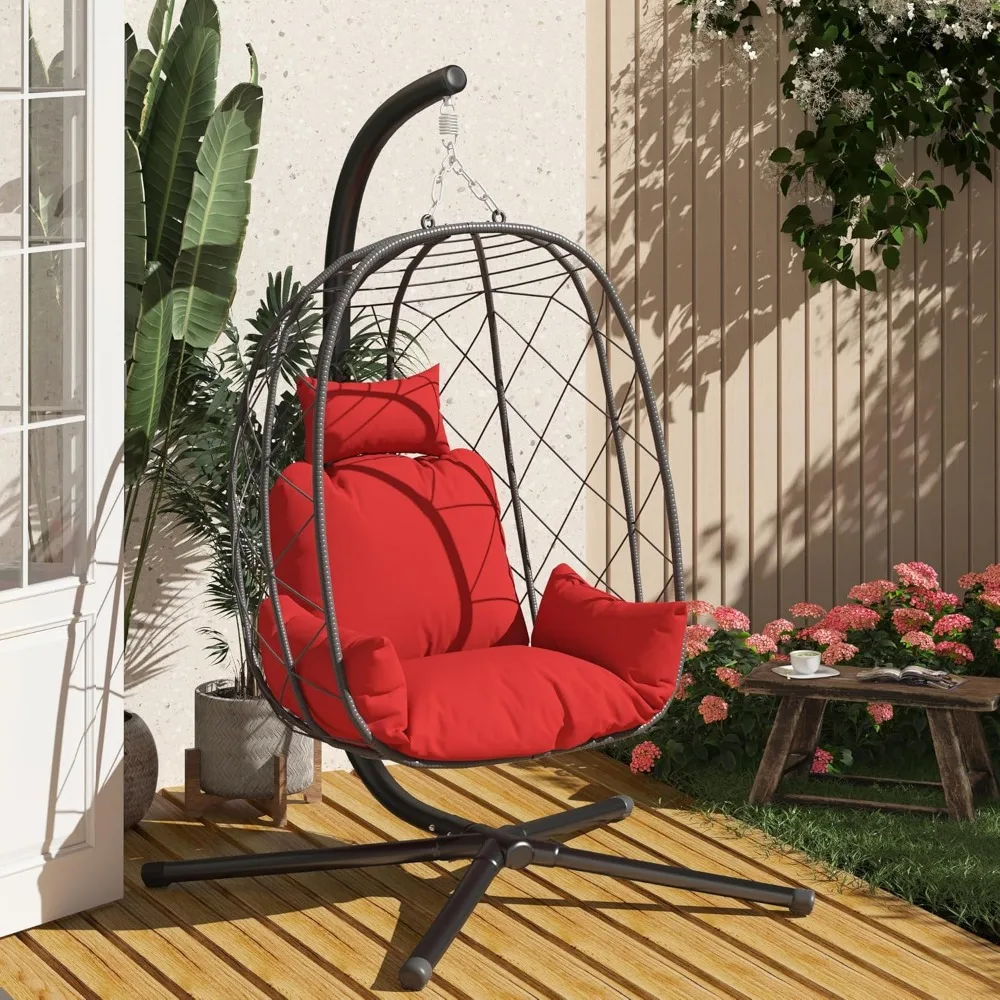 Egg Hanging Swing Chair with Stand and Cushion, Patio Wicker Egg Chair 350lbs Capacity, Indoor Outdoor Hammock Egg Chair for Bed