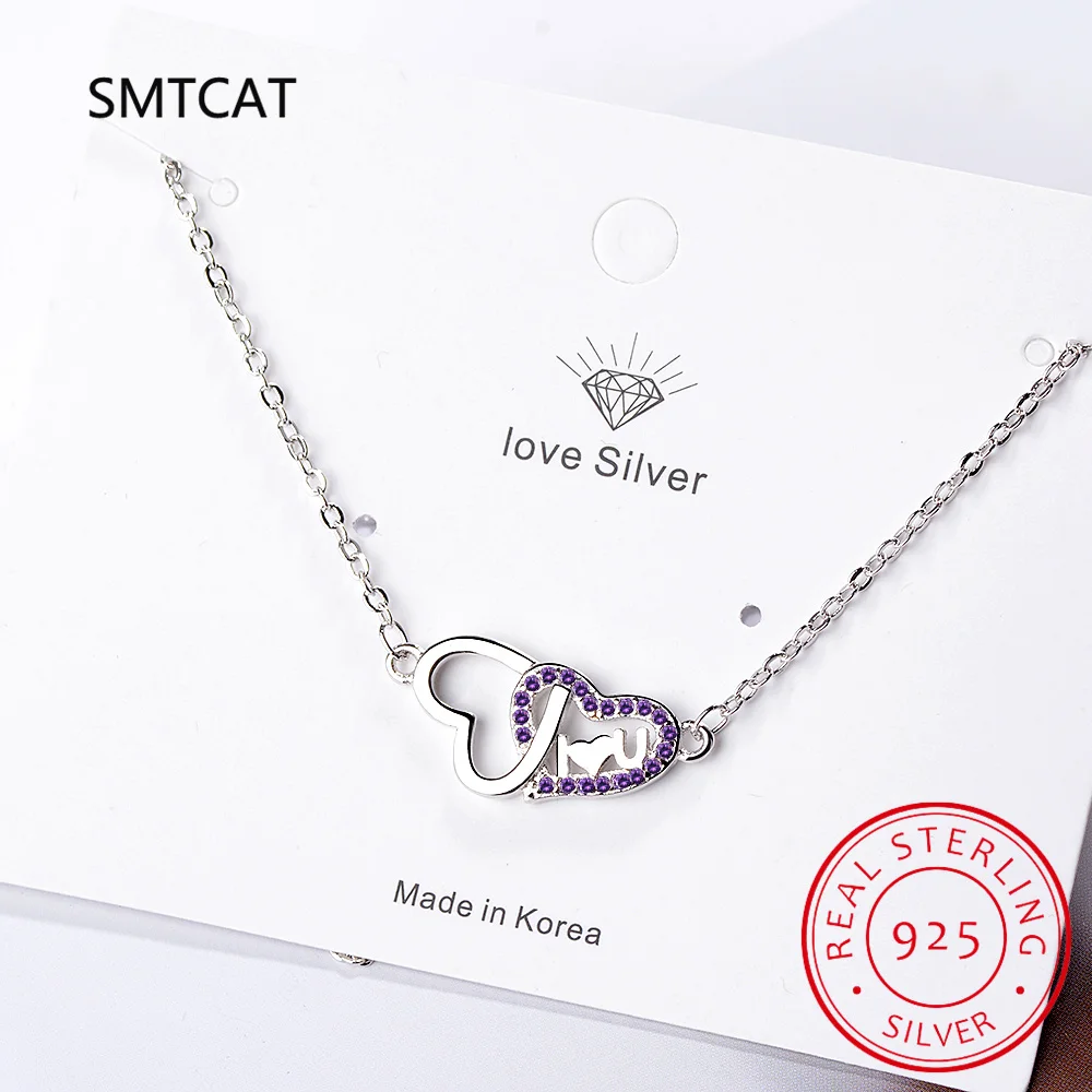 Natural Amethyst 925 Sterling Silver Double Heart Pendant Necklace for Women Fashion Purple Gemstone Choker Colar de Prata