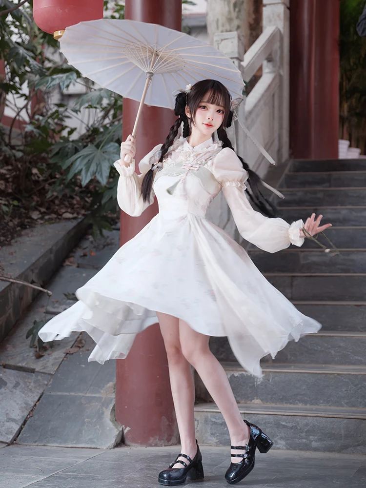 Withpuji New Chinese Embroidered Print Lo Dress Sweet Lolita Girl Sweet Dress Cos Japanese Loli Tea Party Dress