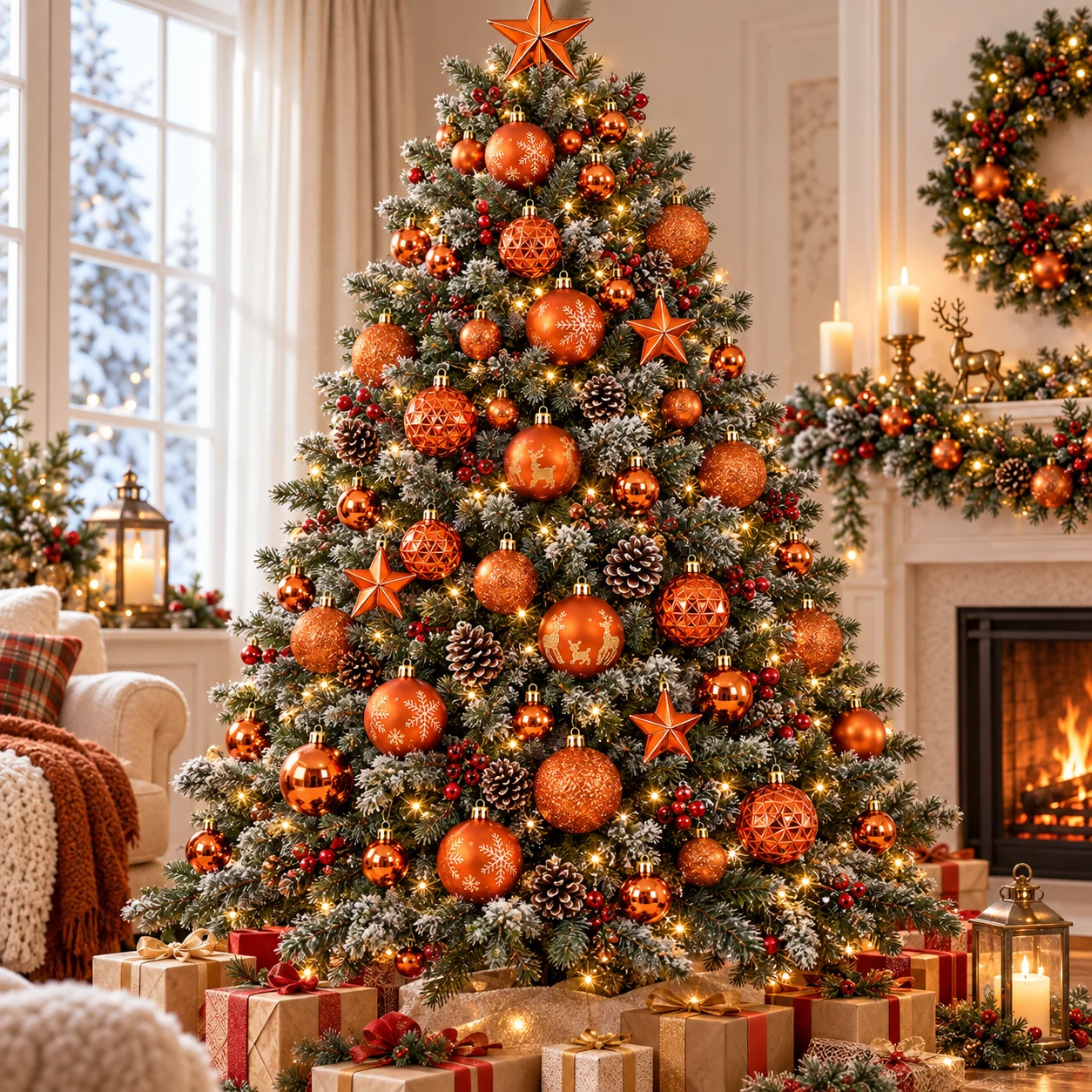 44PCS Orange Christmas Ball Ornaments Set, 3cm 6cm Shatterproof Baubles Stars for Xmas Tree Holiday Party Decor