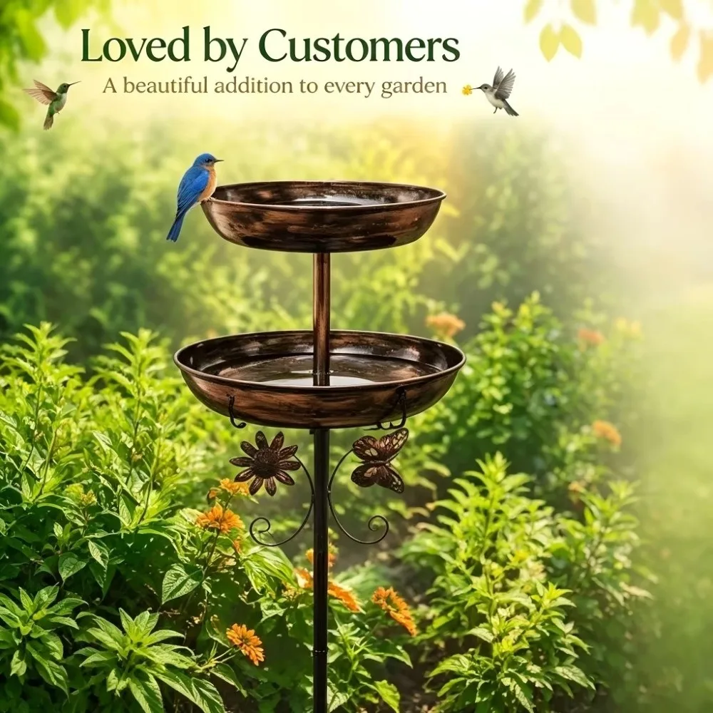 Metal Bird Bath Feeder Set Rust Resistant Dual-Layer Design Garden Bird Feeder Vintage Style Four-Prong Ground Stakes
