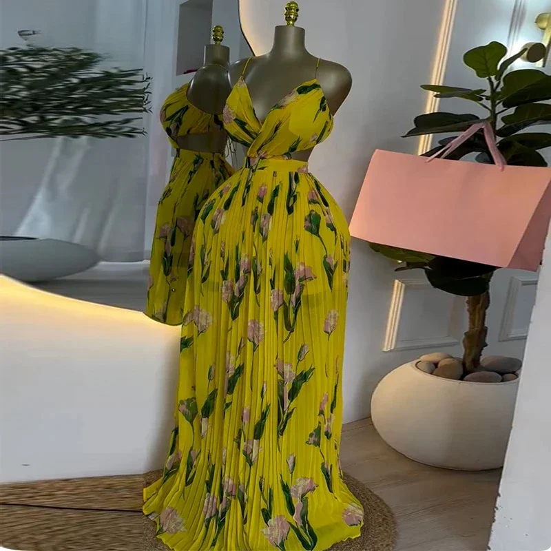 เดรสยาวพิมพ์ลายดอกไม้สุดหรู สายเดี่ยวแบบไม่มีสายคล้องไหล่ สำหรับผู้หญิง เหมาะสำหรับงานปาร์ตี้ริมชายหาด งานวันเกิด ดีไซน์เซ็กซี่ จับจีบ