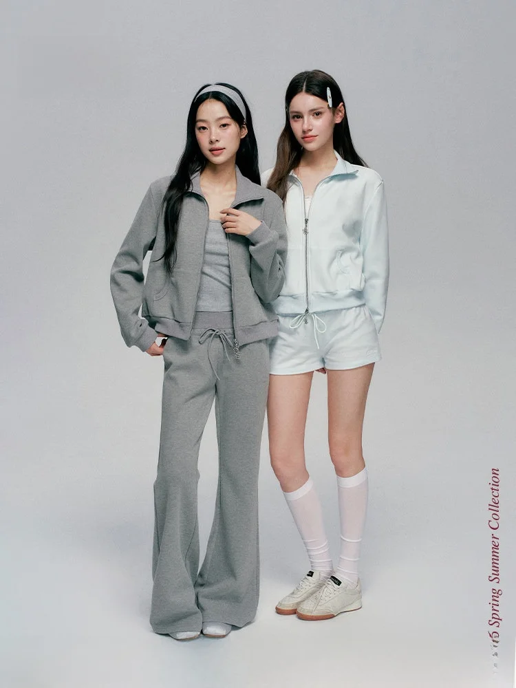 

Liilou Organic Cotton Zipper Collar Short Sweatshirt Pants Set Clean Girl Casual Fashion Spring Collection High Waist Trousers