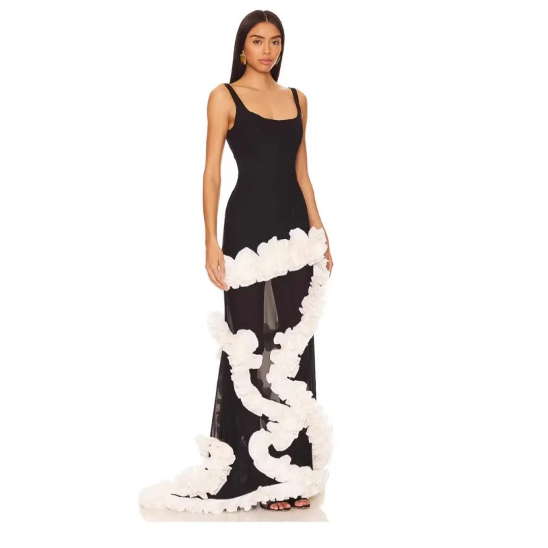 

Summer new sexy V-neck suspender with ruffle edge sexy slim fit long floral edge dress