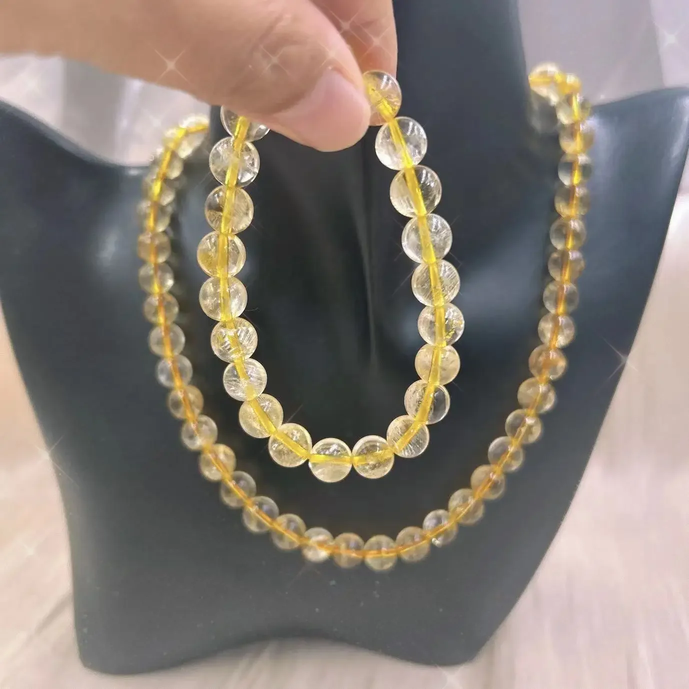 8mm  Hair Quartz Round Natural Stone Yellow Stripe Bracelet Necklace Bohemian Women Crystal Weding Jewelry Set 7.5