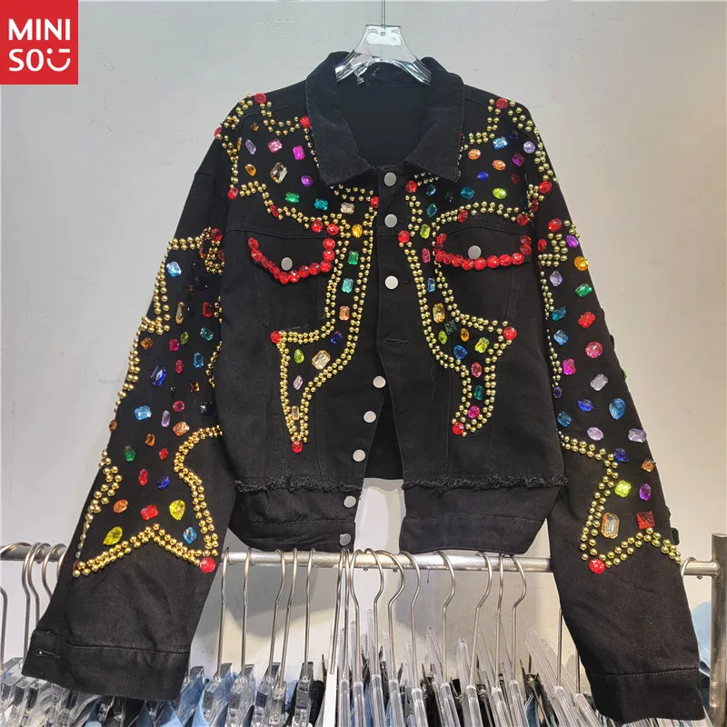 

Miniso 2025 Autumn Heavy Duty Rhinestone Denim Jacket, Vintage Beaded Short Loose Coat