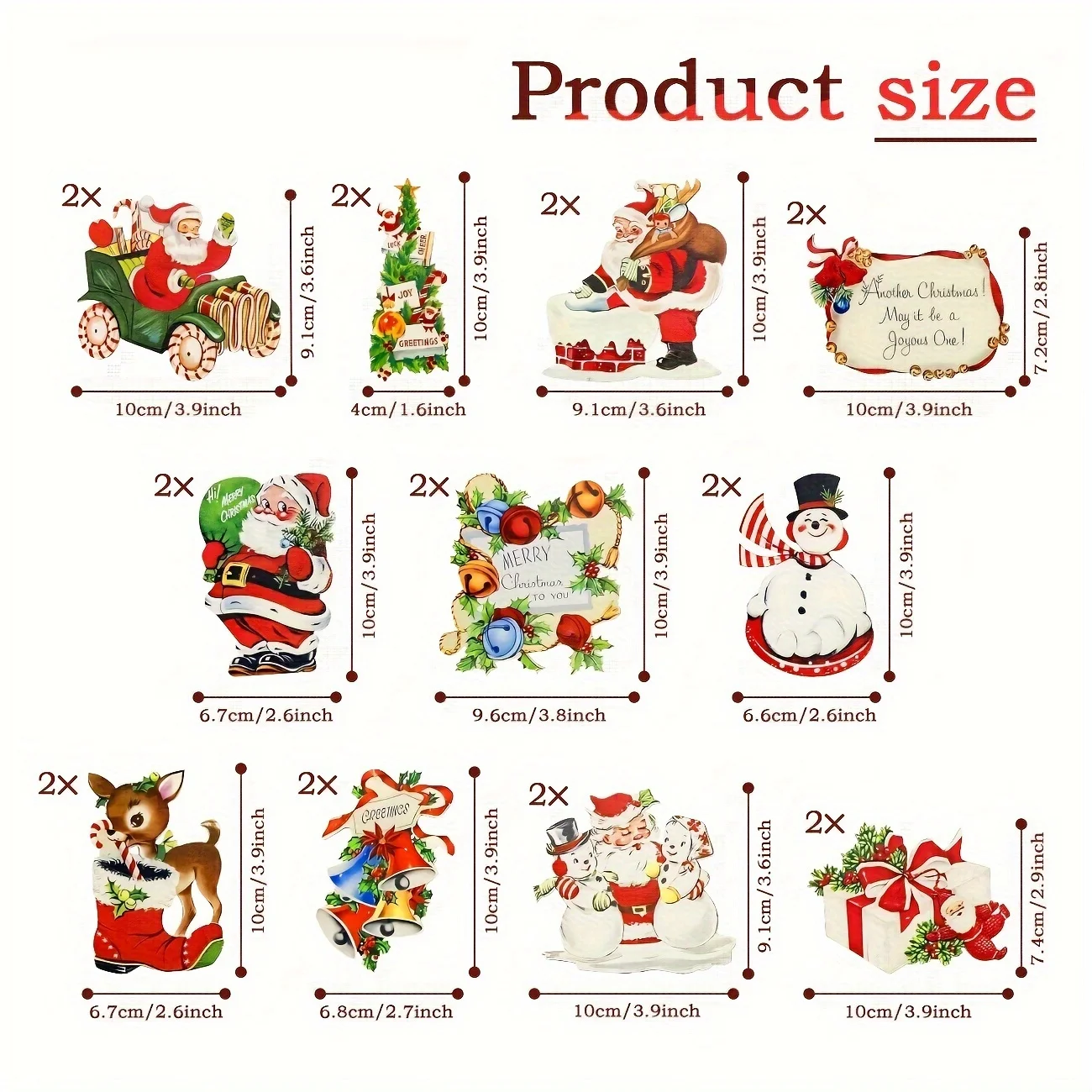 22Pcs Christmas Tree Ornaments Vintage Santa Claus Merry Christmas Greetings Joy Sign Xmas Gift Box Reindeer Santa Boot Snowman