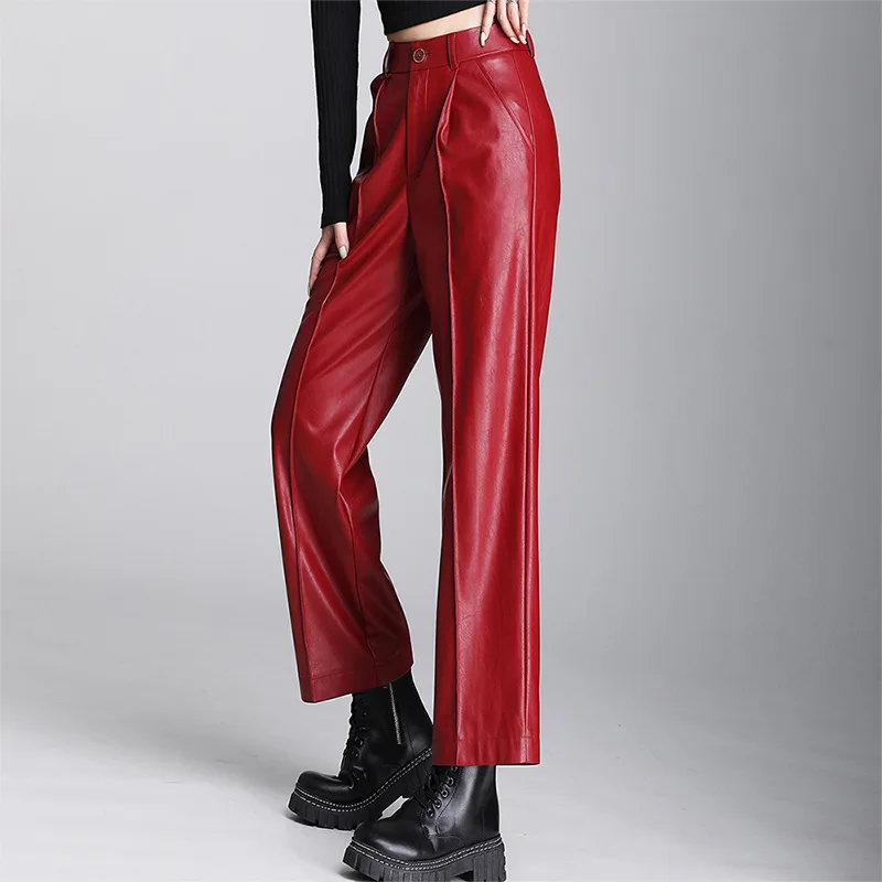 

2024 Women's Red Wide Leg PU Leather Pants New Spring Loose Casual Straight-Leg Leather Pants