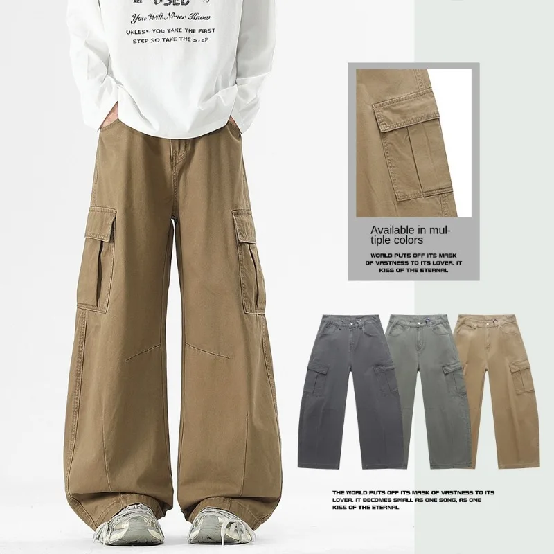 OIQERE Mens American Vintage Curved Cut Casual Jeans Loose Wide Leg Draping Three Dimensional Tailoring Denim Long Trousers