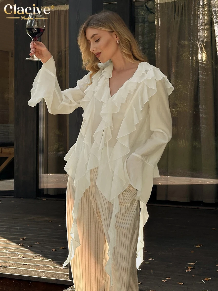 Clacive Sexy Loose Beige Women\'s Shirt 2025 Elegant V-Neck Long Sleeve Shirts Casual Classic Ruffle Lace-Up Top Female Clothing