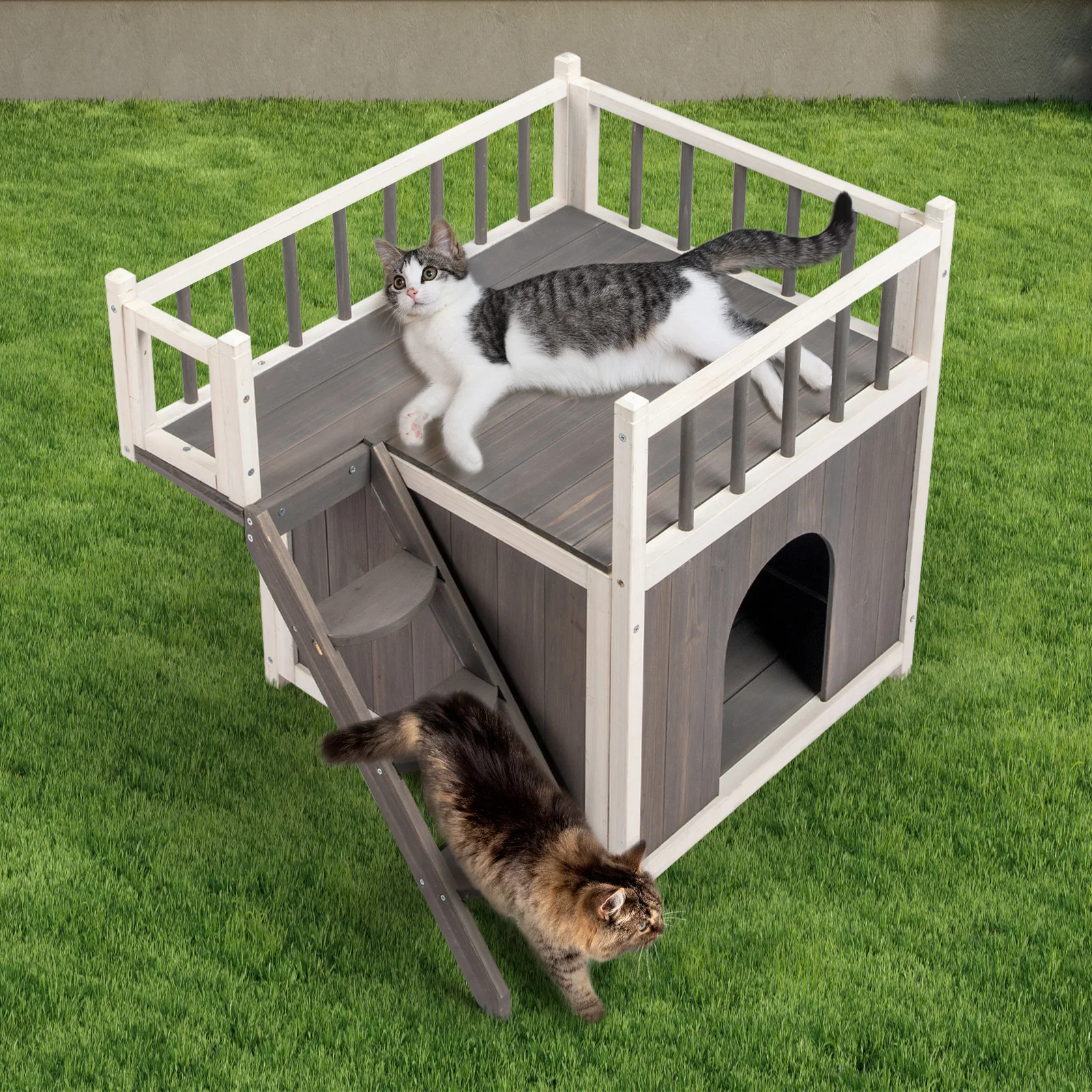 

Pet House Cat Grey White Outdoor Indoor 2-Story Wooden Feral Dog House Cat House Pet House with Stair