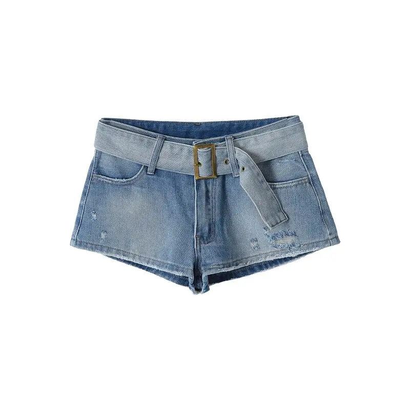 Low Waist Denim Shorts with Belt Casual Ripped Jeans Low Waist New Arrival Summer Ladies Straight Leg Slightly Stretchy