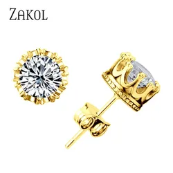 ZAKOL Fashion Crown Women Classic Shining Round Cz Zircon Small Stud Earrings Gold Color Ears for Men Crystal Party Jewelry