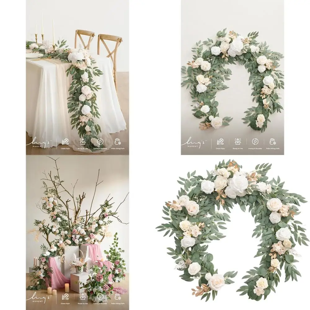 

Элегантная 6-футовая гирлянда из эвкалипта и шелковых роз для столов молодоженов или свадебных торжеств, идеально подходит для весенних мероприятий и оформления в садовом стиле.