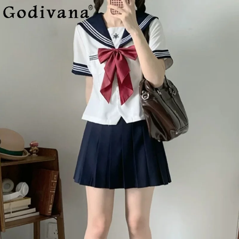 Sweet Japanese Age-reducing Shirt Summer New High Waist A-line College Pleated Skirt Fashion Slim Navy Collar Jk Uniform Sets