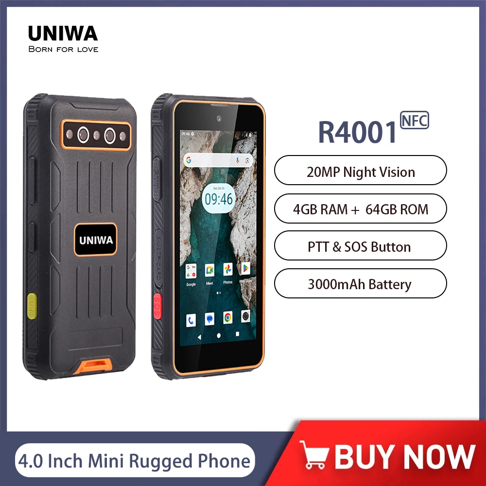 UNIWA R4001 4G Mini Rugged Smartphone Android 14 Octa Core 4GB+64GB 20MP Night Vision 3000mAh PTT SOS 4 Inch Small Cellphone NFC