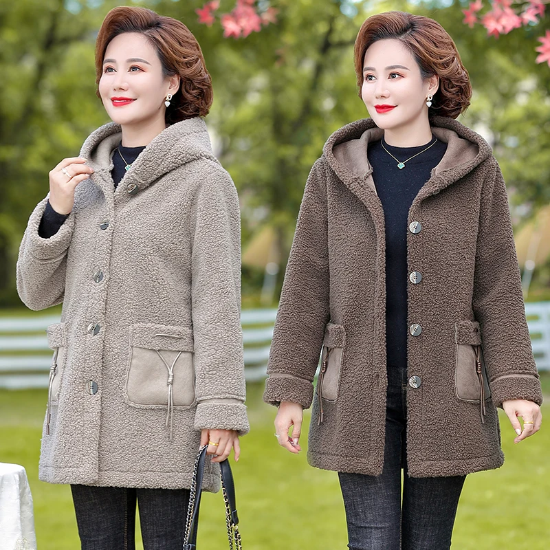 Parkas Middle Aged Women Hooded Clothing Winter Teddy velvet Warm Jacket Women\'s Long Overcoat Outerwear Mother Coat