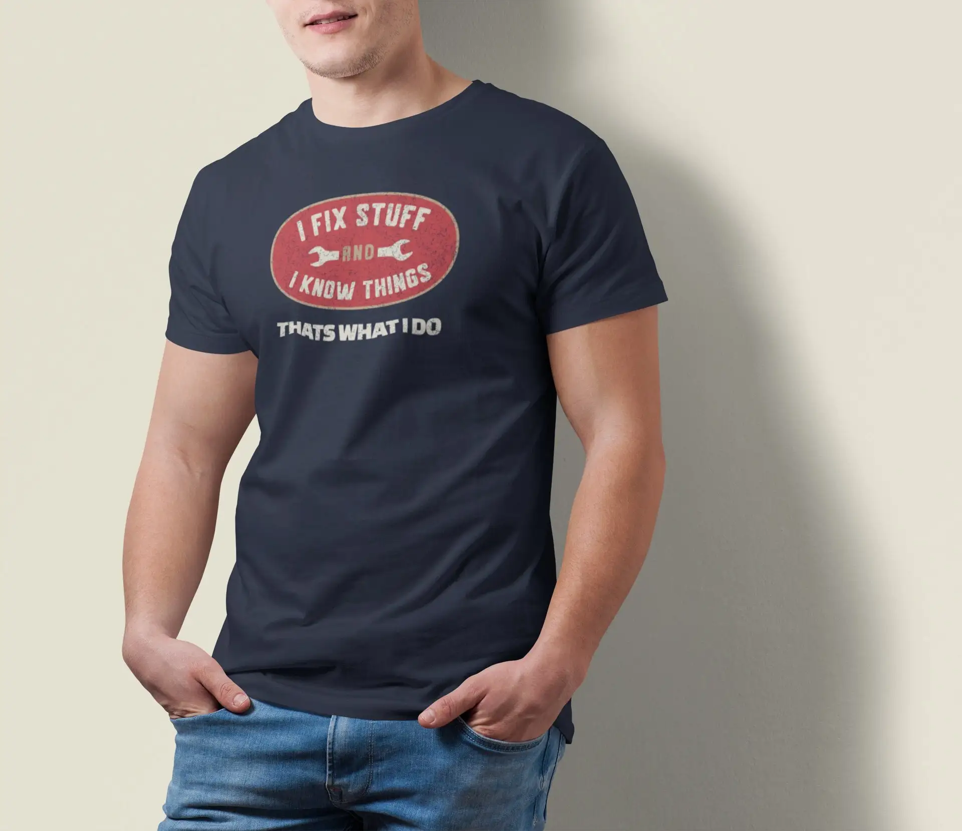 I Fix Stuff and Know Things Funny T Shirt Men Fathers Day Dad Mechanic Husband Handyman s Garage