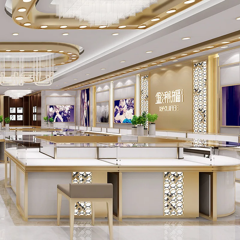 Custom. Store-Wide Design Mall Atrium Jewelry Showcase Commercial Gold and Silver Jewelry Display Container with Lock Glass Disp