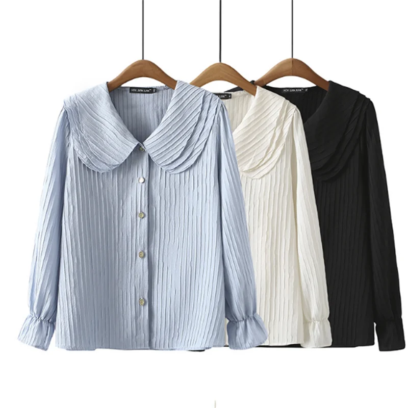 

2024 Big Size Women's Spring Wear New Thin Everything Iong Sleeve Casual Three-Iayer Collar Doll Shirt Shirt