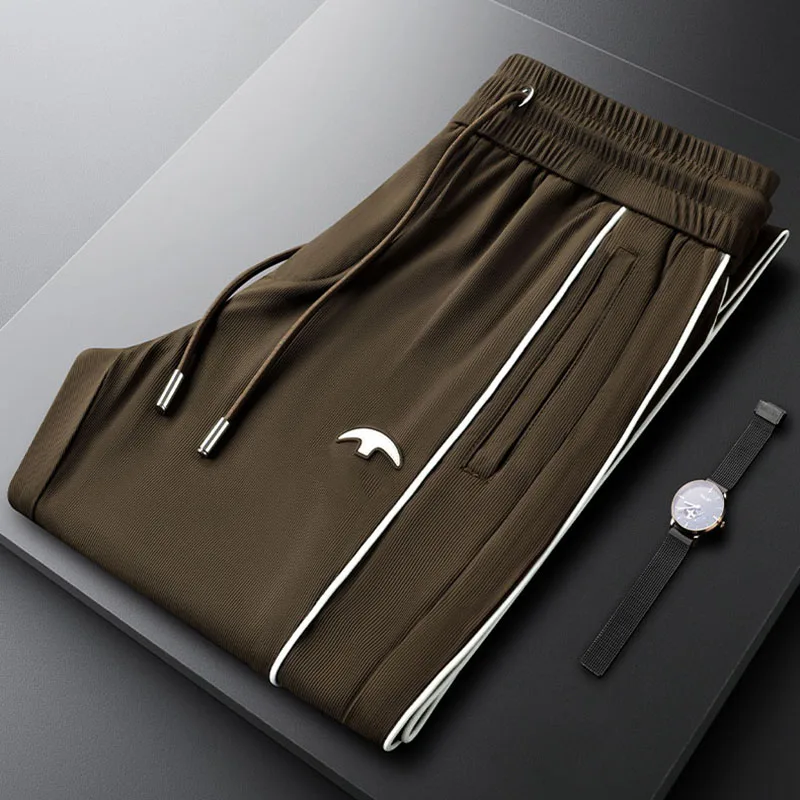 Brown high-end elastic casual sport pants for men, summer thin men's European-style small leg sweatpants, trendy